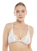 Déesse Bralette – White Lace & Mesh Crossover Top