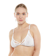 Déesse Bralette – White Lace & Mesh Crossover Top