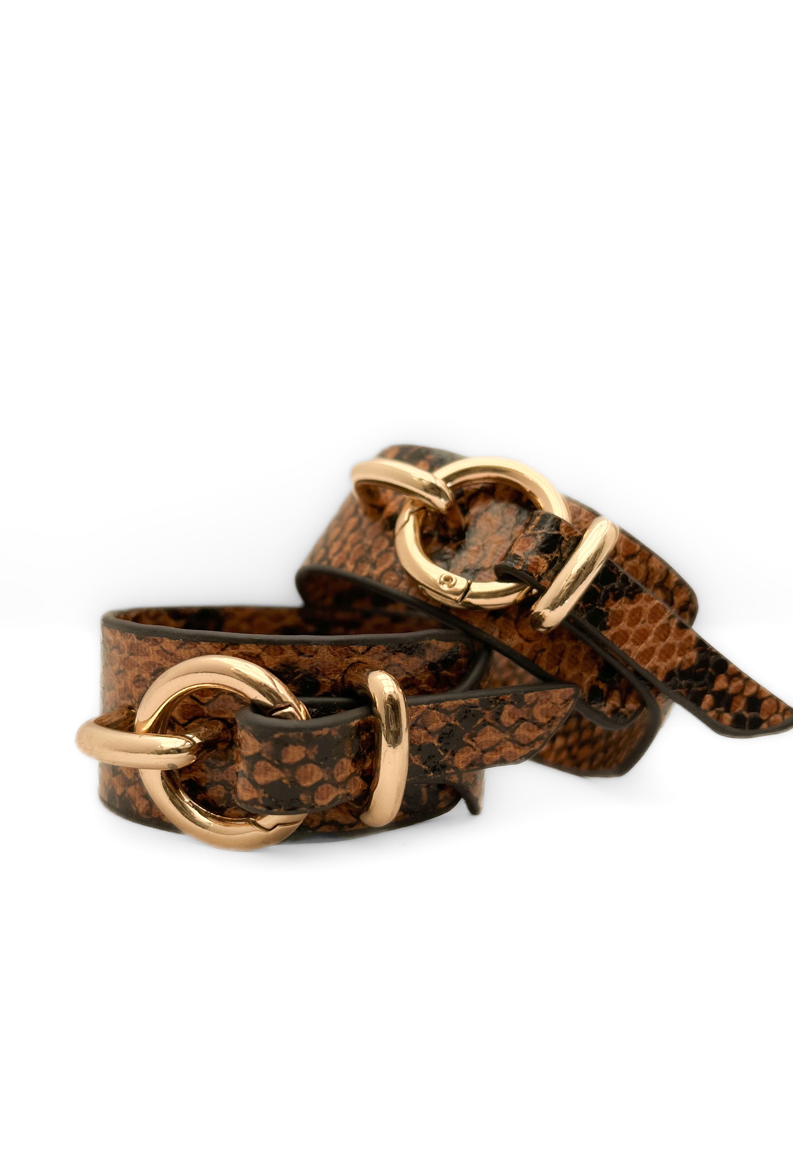 Pair of Snake Print Faux Leather Cuffs / Gold Buckle Wrist Cuffs
