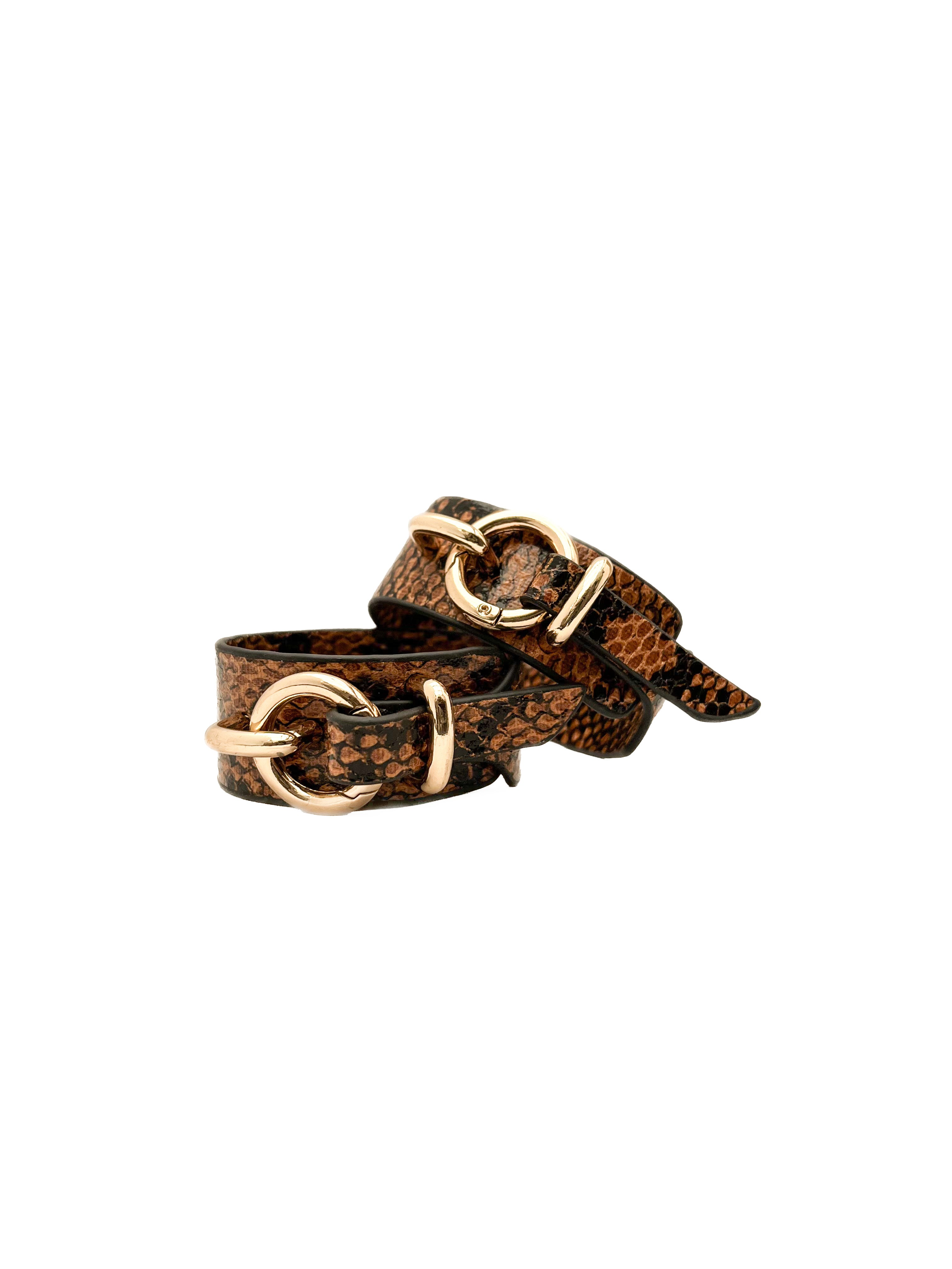Pair of Snake Print Faux Leather Cuffs / Gold Buckle Wrist Cuffs