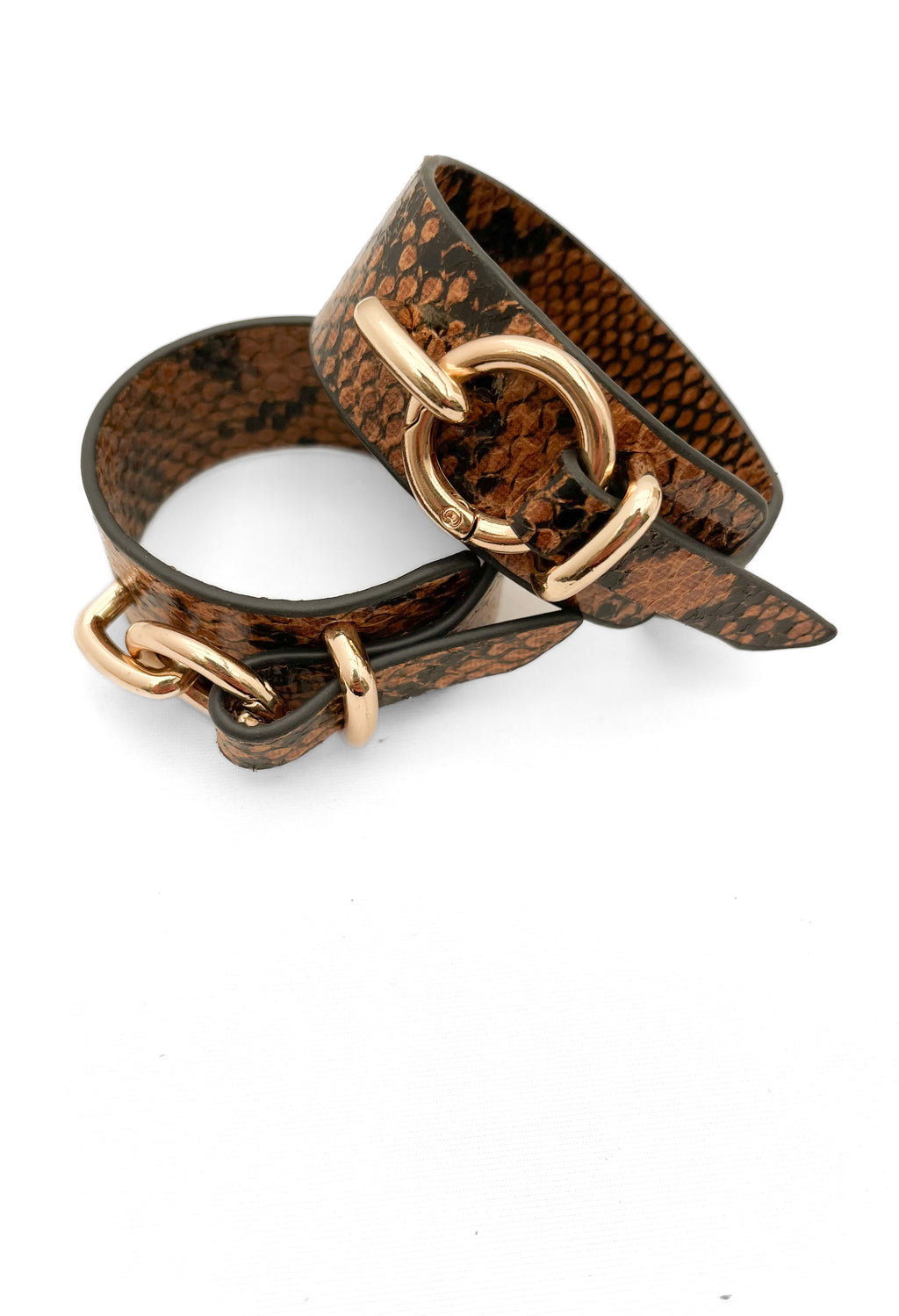 Pair of Snake Print Faux Leather Cuffs / Gold Buckle Wrist Cuffs