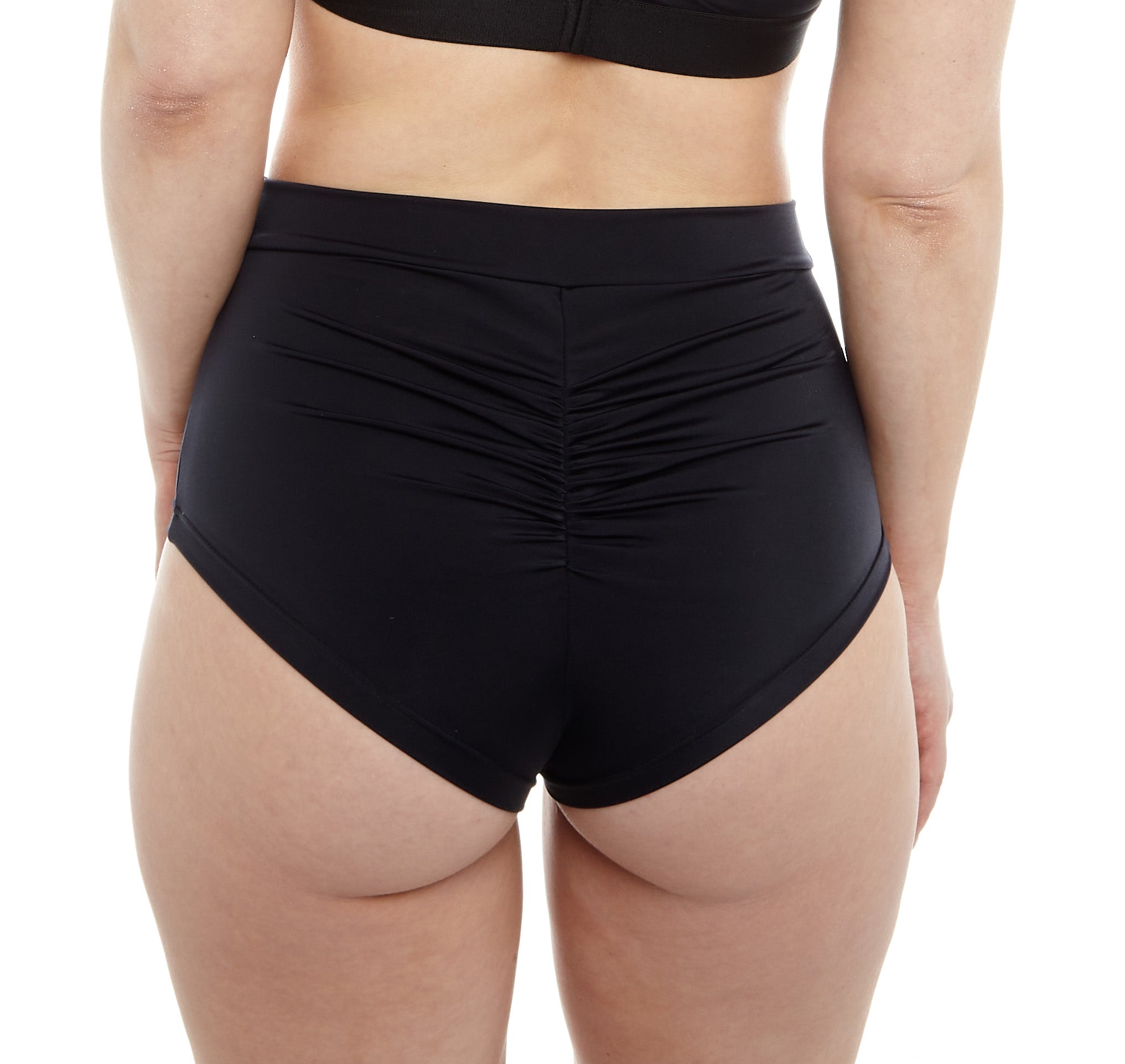 Revolt Shorts – Ruched High-Waisted Shorts in Black Jersey
